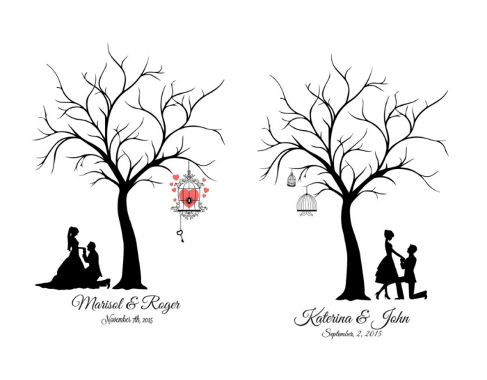 modèle d'arbre à empreintes à imprimer avec un arbre vierge décoré de cage oiseaux et couple de jeunes mariés au-dessous des branches