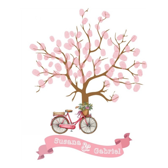 dessin adorable avec un vélo décoré de fleurs et un arbre au feuillage d'empreintes rose, souvenir de mariage original