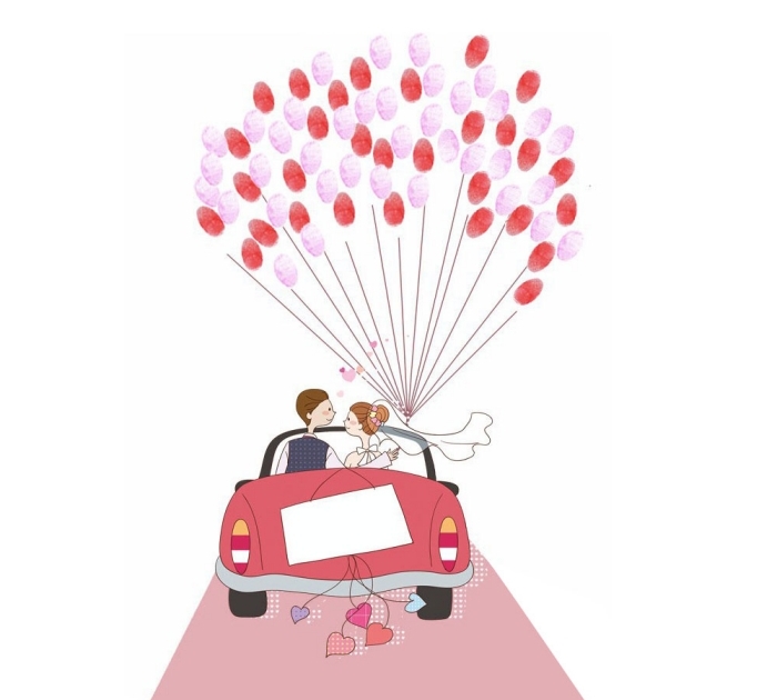 album photo scrapbooking avec couverture à design voiture et jeunes mariés avec un bouquet de ballons empreintes rouge et rose