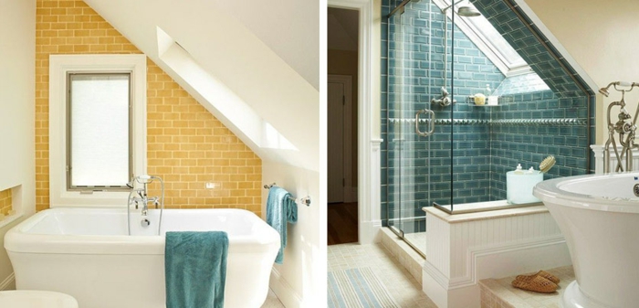 salle de bain 2m2, mur en carreaux verts et jaunes, aménagement de petite salle de bain