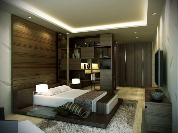 lit plateforme,tapis poilu, étagère en bois foncé, faux plafond suspendu, tete de lit haute