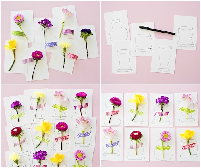 exemple d activité manelle maternelle, des cartons de papier avec des fleurs fraiches attachées avec des bandes de washi tape coloré