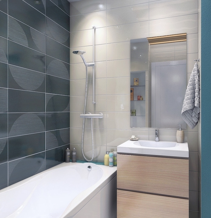 agencement salle de bain avec baignoire, meuble sous vasque en bois, carrelage mural beige et gris, douche