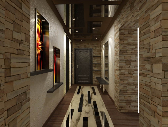 idée déco entrée maison en couleurs foncées avec revêtement partiel des murs en pierre et fenêtre de plafond