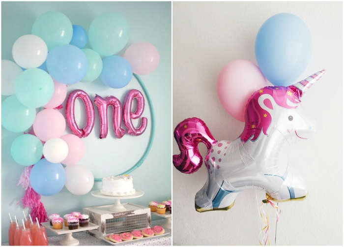 thème licorne deco en tons pastel une guirlande de ballons fixés sur un cadre cerceau et un ballon aluminium géant en forme de licorne