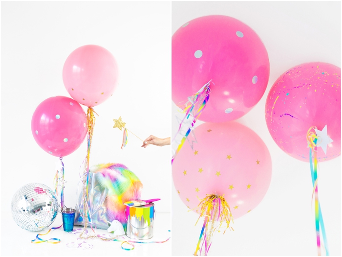 des ballons confettis personnalisés en nuances de rose à queue multicolore pour une ambiance de fête girly qui fait rêver