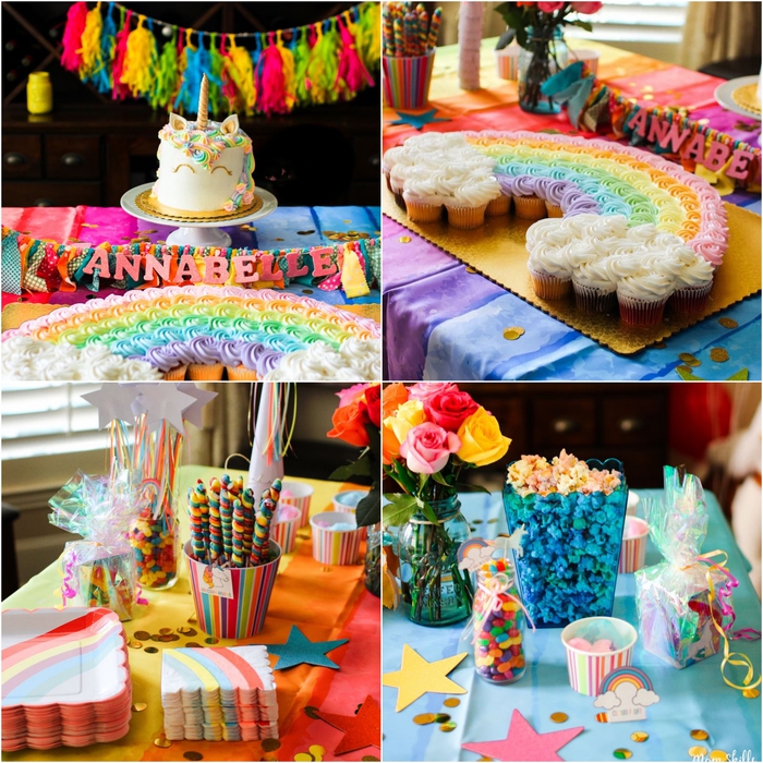 déco de table et de buffet d'anniversaire theme licorne et arc-en-ciel en couleurs vitaminées