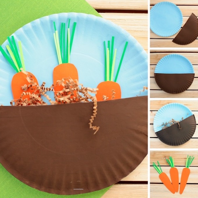 bricolage paques avec assiette en papier avec motif carotte en papier inséré entre une assiette et demi assiette, vermicelles imitation herbe
