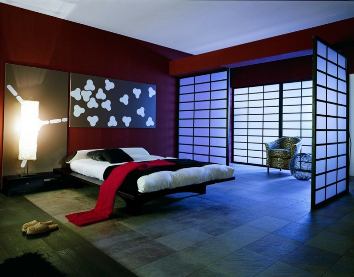 chambre japonaise, lit plateforme, couleur de peinture tandance, cloisons japonaises