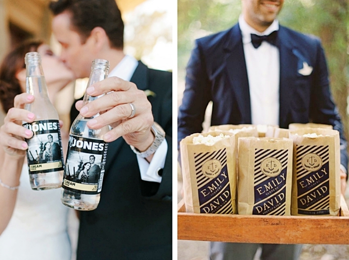 nouveaux mariés avec bouteilles personnalisées décorées d'étiquette à design photo et prénoms, cadeau invité avec produits alimentaires