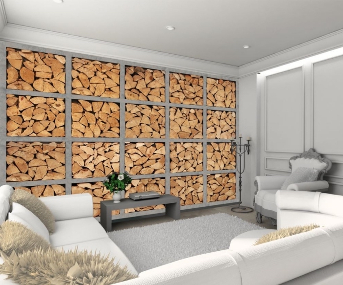 idée décoration d'intérieur chaleureuse avec meubles blancs et revêtement mural en papier peint imitation bois 