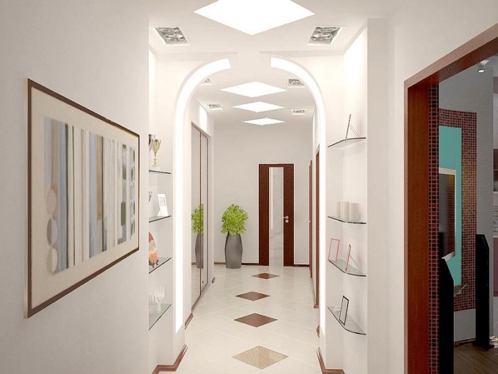 idée déco de couloir et entrée moderne aux murs blancs avec arc, modèle de carrelage à design blanc et marron
