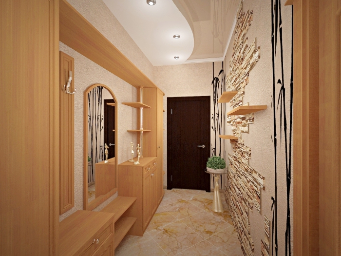 exemple de papier peint couloir à design beige avec décoration pan de carrelage à imitation brique et étagères de bois