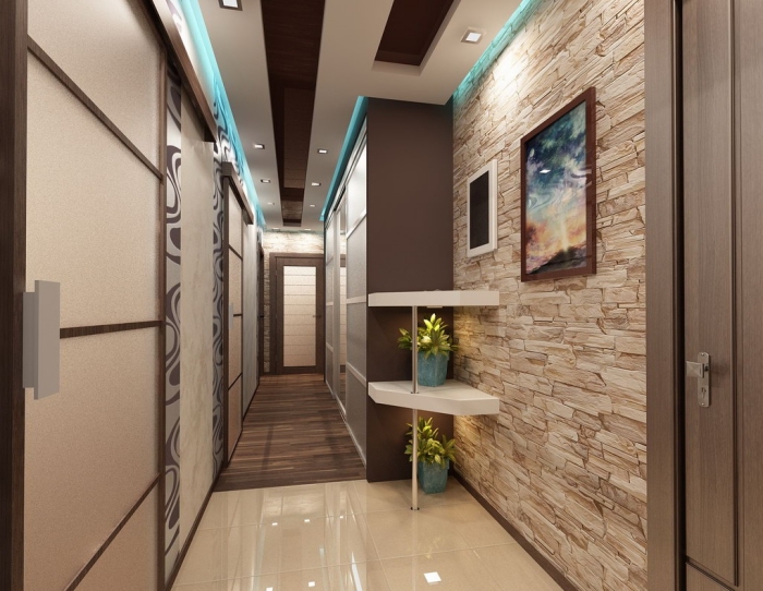exemple de papier peint couloir à imitation pierre avec peinture murale marron, modèle de plafond suspendu à design marron et blanc avec éclairage led et néon bleu