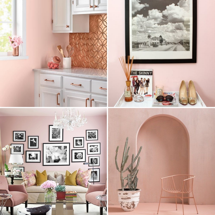 idée quelle couleur associer au gris, cuisine aux murs rose pale aménagée avec meubles blancs et crédence à design cuivré