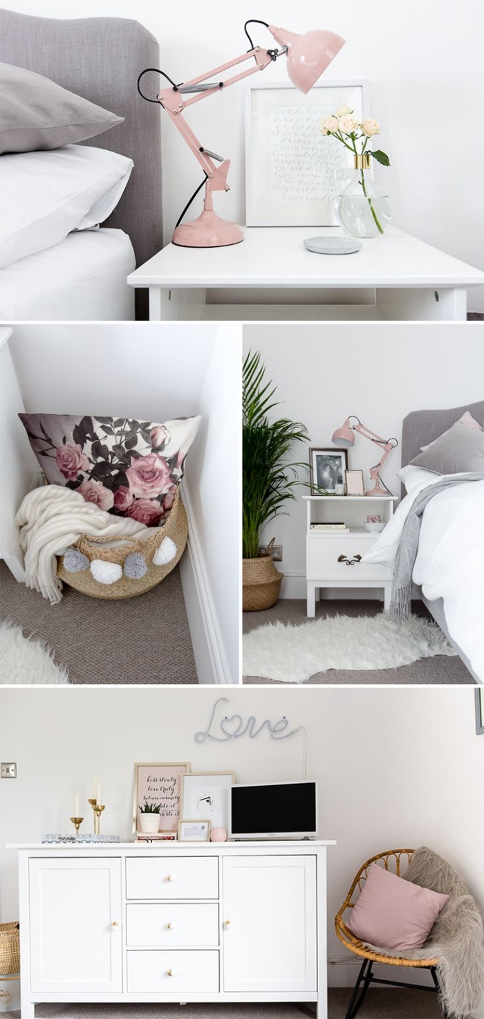 chambre rose pale et gris, aménagement avec meubles de bois blanc, panier en paille avec pompons et plaid blanc