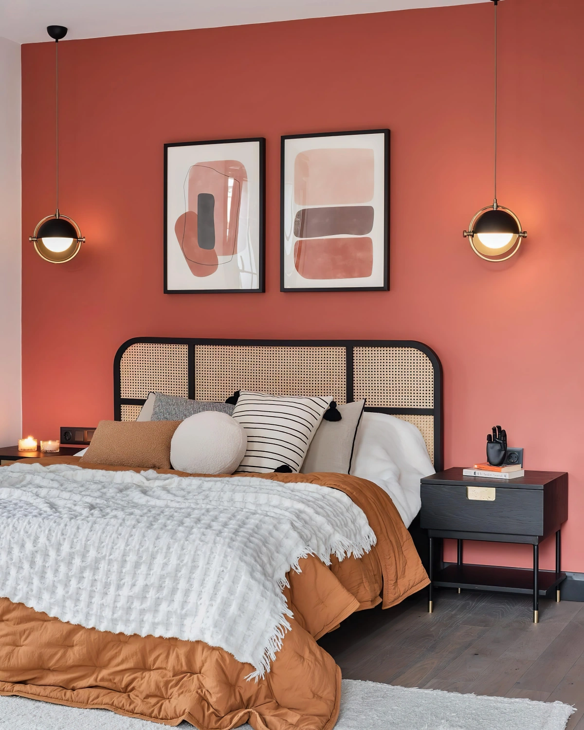 chambre parentale terracotta peinture mur cadres tete lit rotin et noir