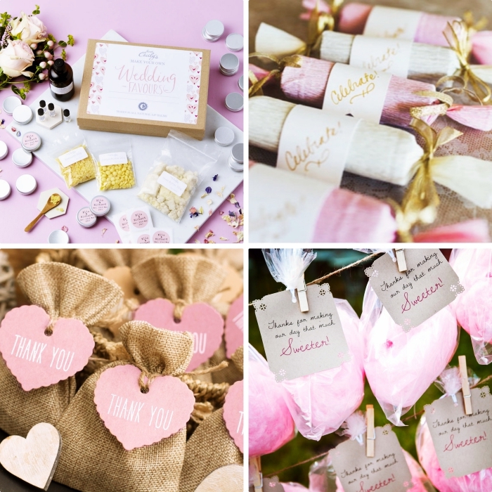 petit cadeau original pour les invités au mariage, cookies et barbe de papas avec emballage en beige et rose