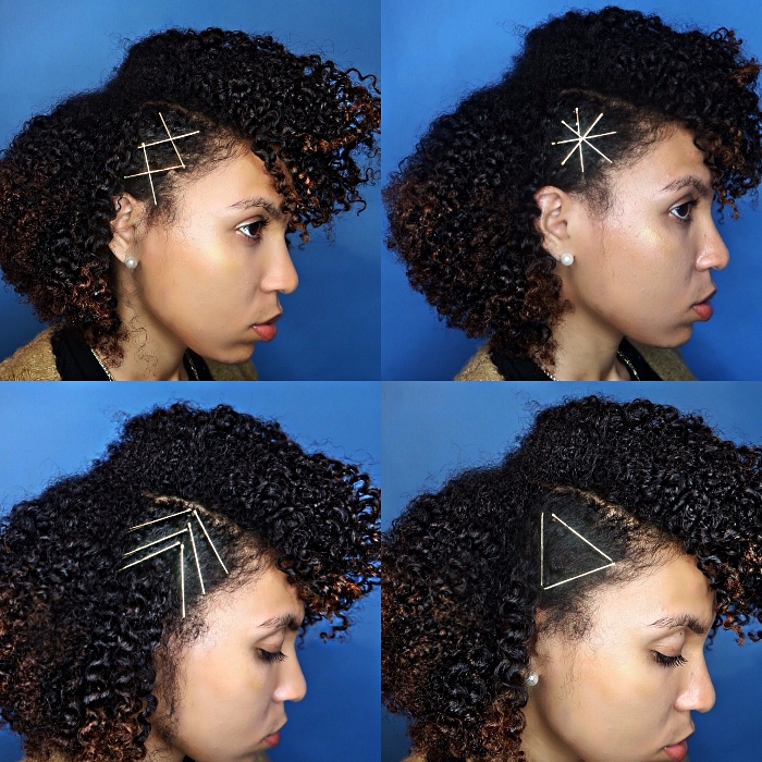 coiffure cheveux frisés courts avec barrettes posées de quatre façons différentes, coiffure avec barrettes pour cheveux afro