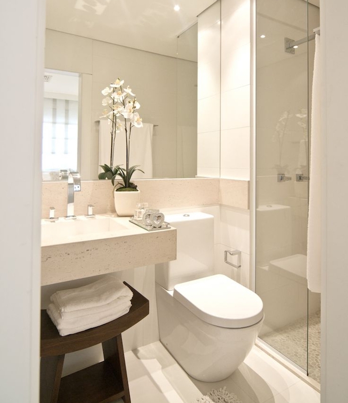 salle de bain italienne petite surface avec wc blanc, lavabo marbre,, tabouret rangement bois, douche italienne