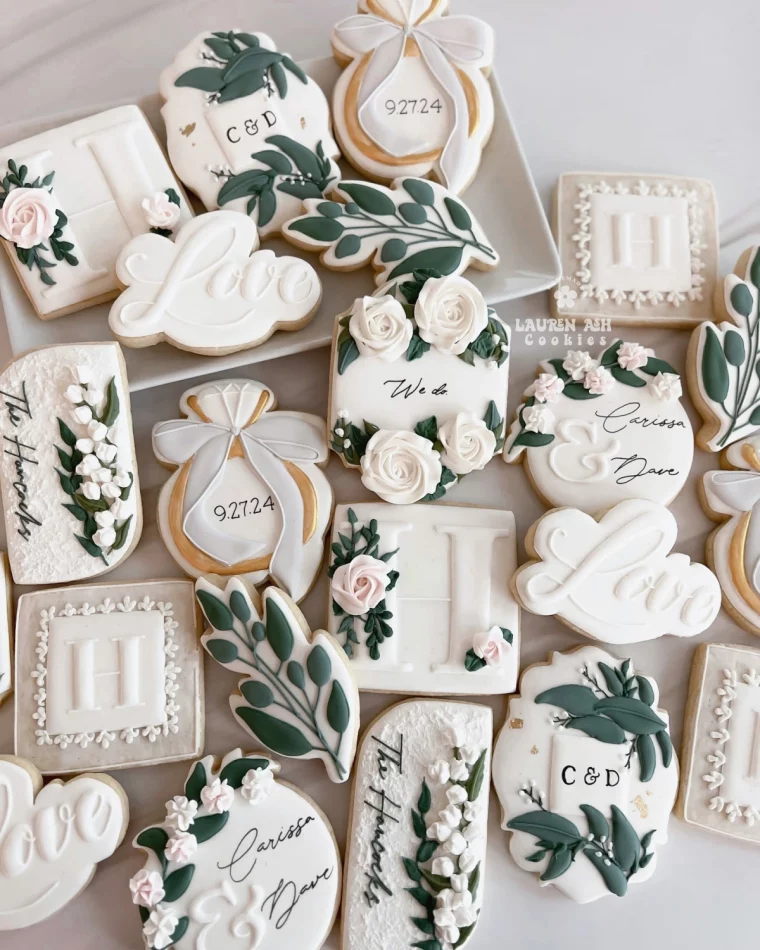 cookies glacage blanc et vert decoration biscuits motifs champetre