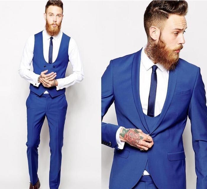 smoking homme bleu roi pour mariage en été avec mini cravate fine pour hipster