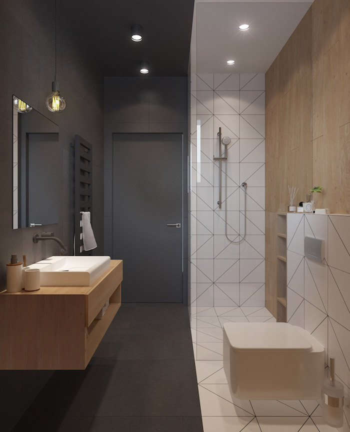 exemple salle de bain grise et beige, décoration salle de bain multicolore, salle de bain avec sol et mur gris anthracite, carrelage faience douche blanc, mur beige pour sdb