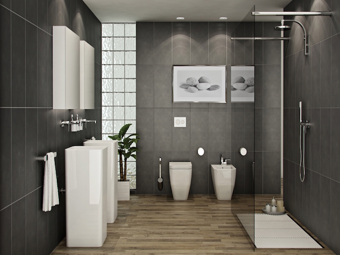 carrelage mural salle de bain gris anthracite, sol de sdb parquet beig, mobilier de salle de bain design avec douche italienne