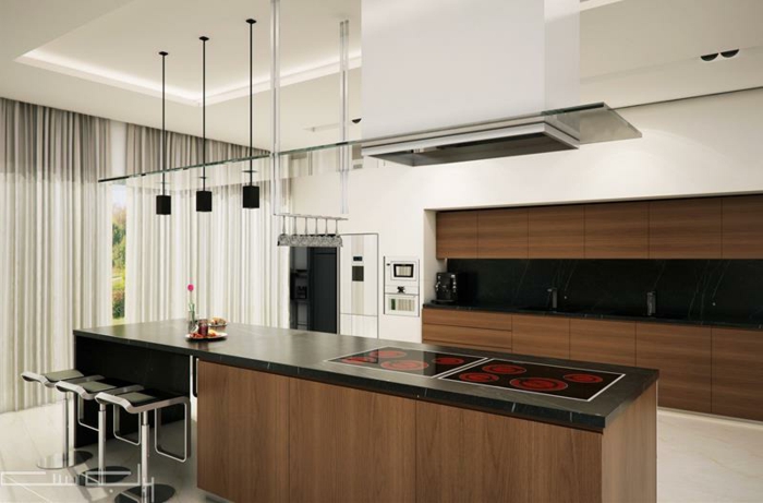 cuisine blanc et bois, design moderne, équipement de cuisine minimaliste, surfaces noires