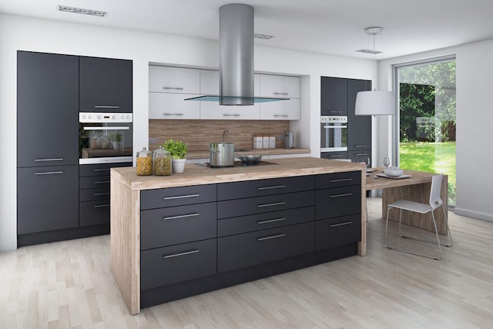 idée quelle couleur pour les murs d une cuisine, modele cuisine blanche plan de travail bois, cuisine grise encastrée