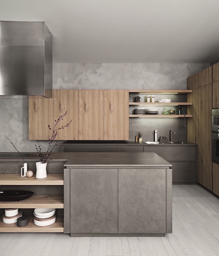 modele de cuisine grise et bois minimaliste avec mur effet beton, idée aménagement cuisine design