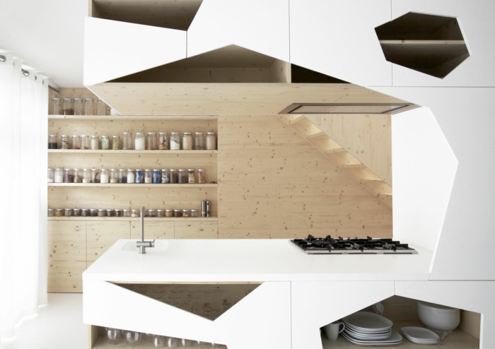 cuisine bois et blanc design futuristique, étagères en bois ouvertes