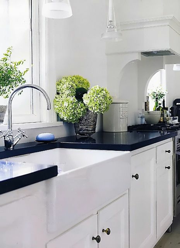 petite cuisine équipée, cuisine noir et blanc, plan de travail noir brillant qui reflète la lumière provenante de la fenêtre, évier couleur argent, plantes vertes dans un vase en cristal en verre fumé