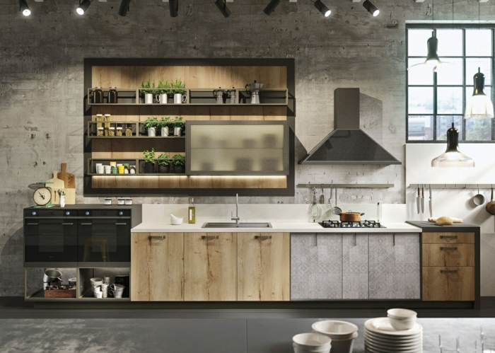 cuisine style loft industriel, mur en béton, placards simples, appareils design minimaliste