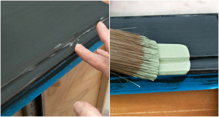 un bureau laqué avec du noir, du bleu et du vert menthe, customiser un meuble en bois
