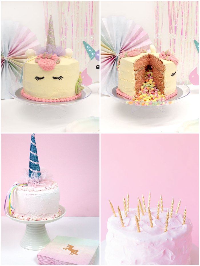 décoration-de-gateau-licorne-cake-topper-corne-pinata-licorne-cake-à-surprises-anniversaire-fille idées de gateau licorne personnalisé décoré avec une corne pailletée et des bougies dorées