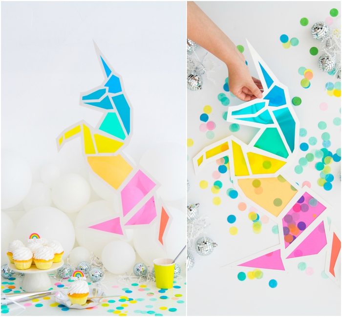 un vitrail licorne deco à motifs géométriques colorés idéale pour la décoration de votre buffet sucré à thème licorne