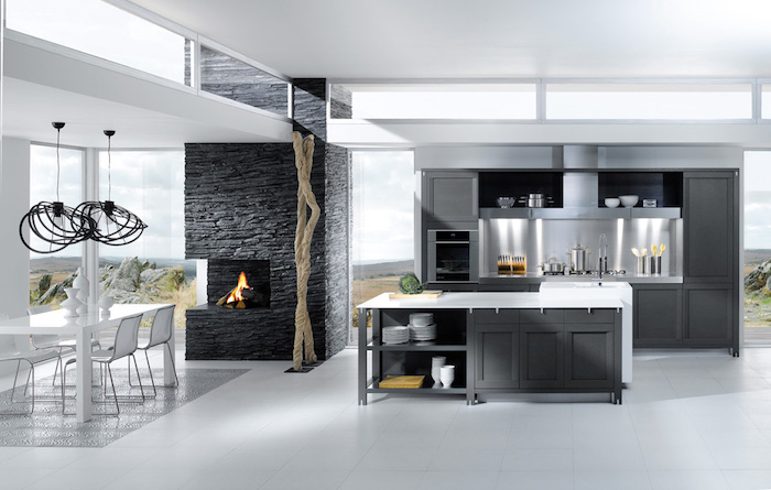 deco piece a vivre avec cuisine ouverte gris anthracite, décoration intérieur moderne blanc et gris