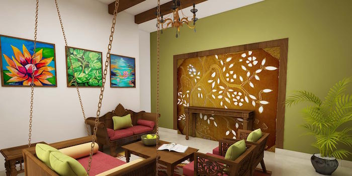 chambre inspiration indienne moderne avec mobilier ethnique design, fauteuil de salon suspendu en bois