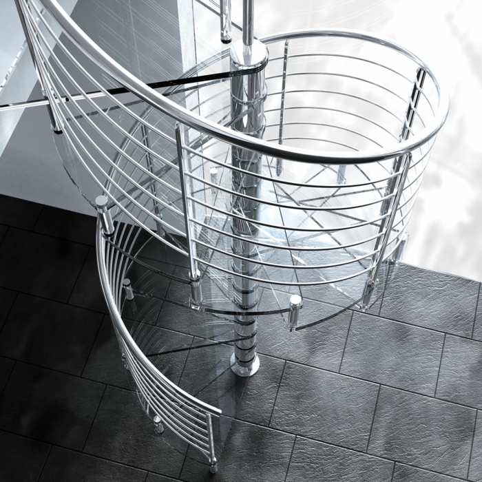 escalier escargot en verre blanc transparent et en métal gris, carrelage noir avec des dalles carrées, marches étroites en éventail