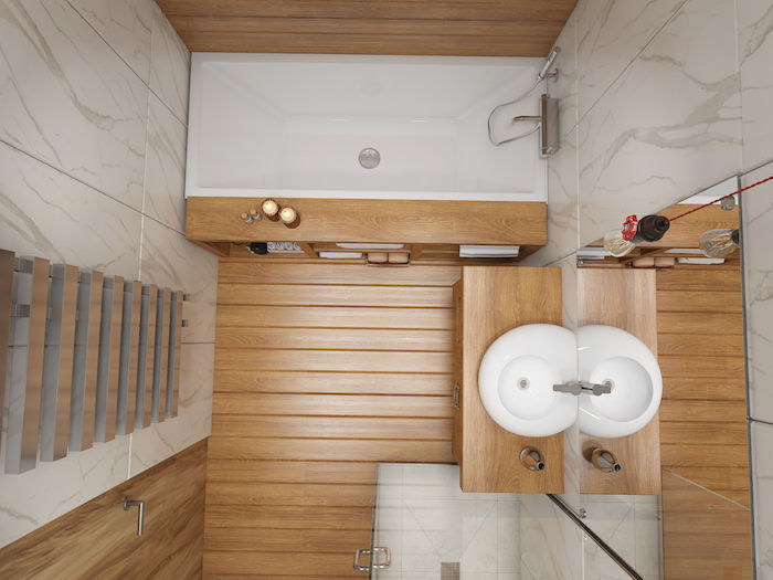 réaliser une decoration petite salle de bain blanc et bois avec petite baignoire, carrelage gris et blanc, idee deco salle de bain nature