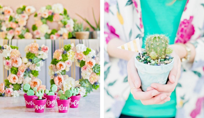 petit cadeau original, pot à fleur de couleur rose fuchsia avec lettres blanches et petit cactus vert, tenue femme en blouse turquoise et blazer floral