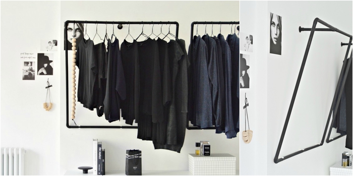 chambre a coucher moderne au design minimaliste en noir et blanc avec un portant à vêtement noir diy