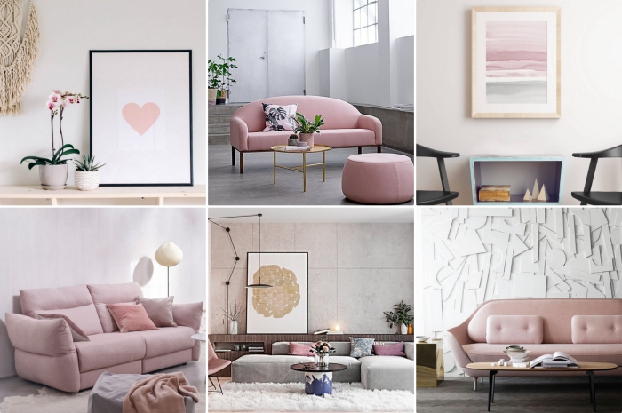 comment décorer une chambre rose et gris, aménagement salon avec canapé et tabouret rose pale combinés avec table basse de bois clair