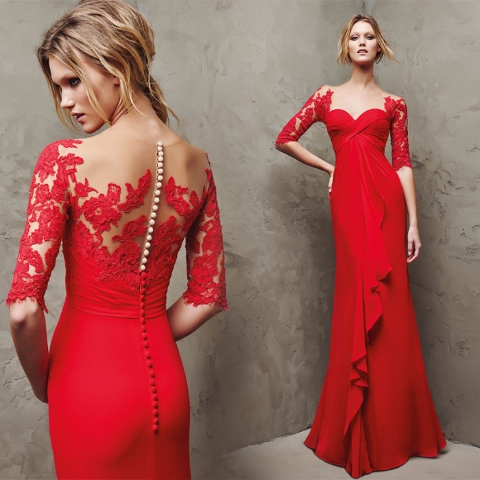 exemple de longue robe de soirée pour mariage en version rouge avec dentelle florale sur le dos et boutons blanc et rouge
