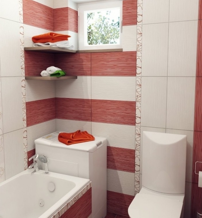 petit meuble salle de bain d angle blanc, carrelage sdb rouge et blanc, petite baignoire et wc blanc