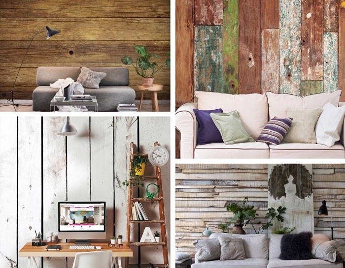 exemples de papier peint imitation bois peint, aménagement salon moderne avec murs à imitation bois foncé et canapé gris