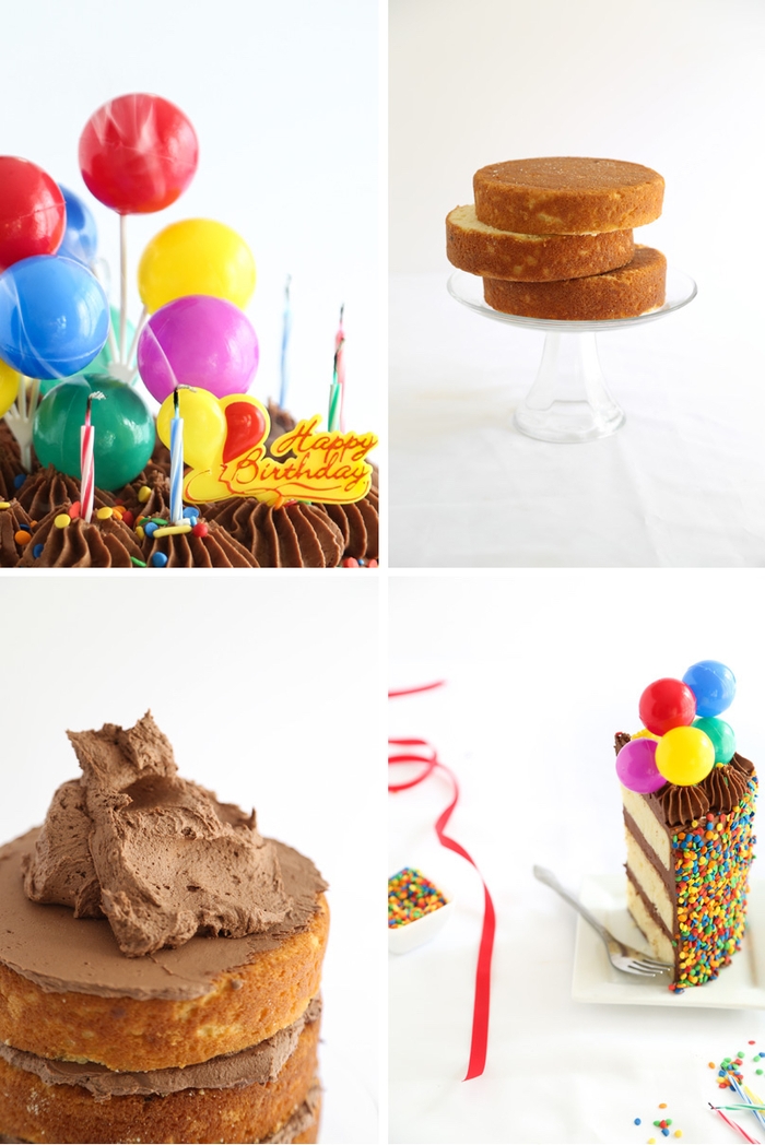 recette de gateau d'anniversaire facile au chocolat avec bougies multicolores et confettis décoré de mini-ballons 