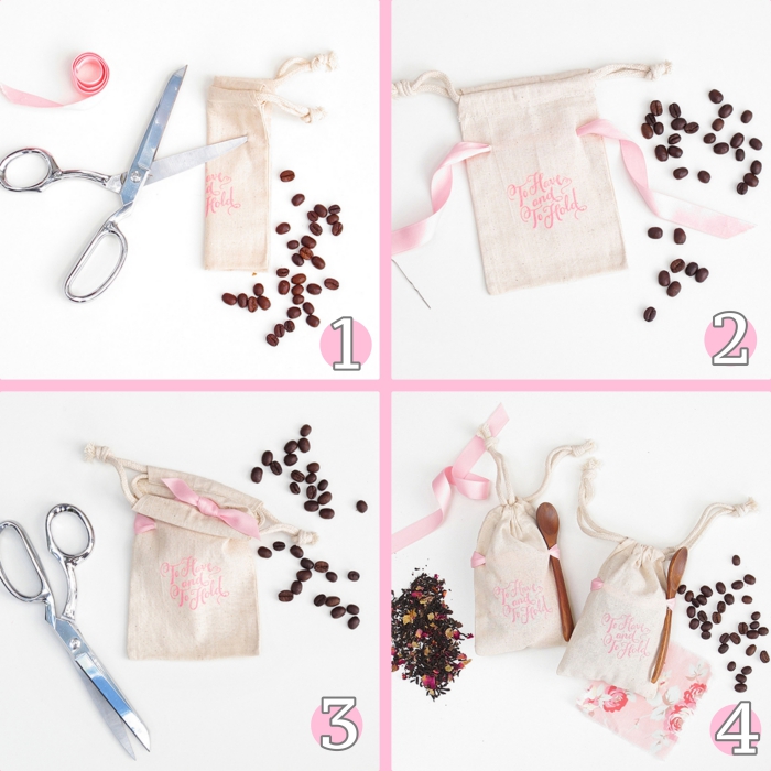 tutoriel facile pour faire un petit sac à graines de café beige au ruban rose pale, comment remplir une poche de graines café