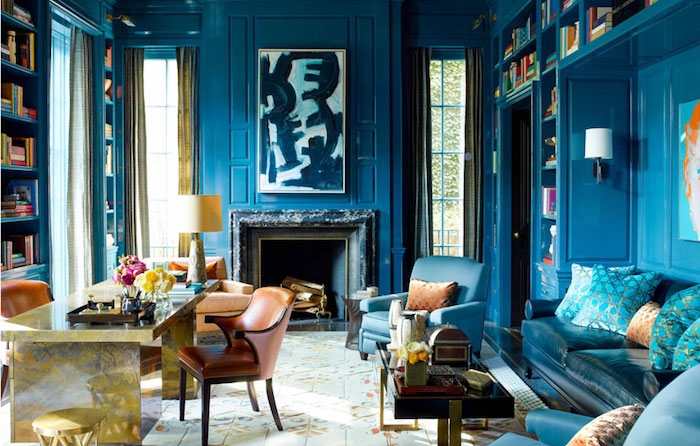 déco salon bleu paon, exemple pour peinture murale bleu pétrole, intérieur maison bleu canard
